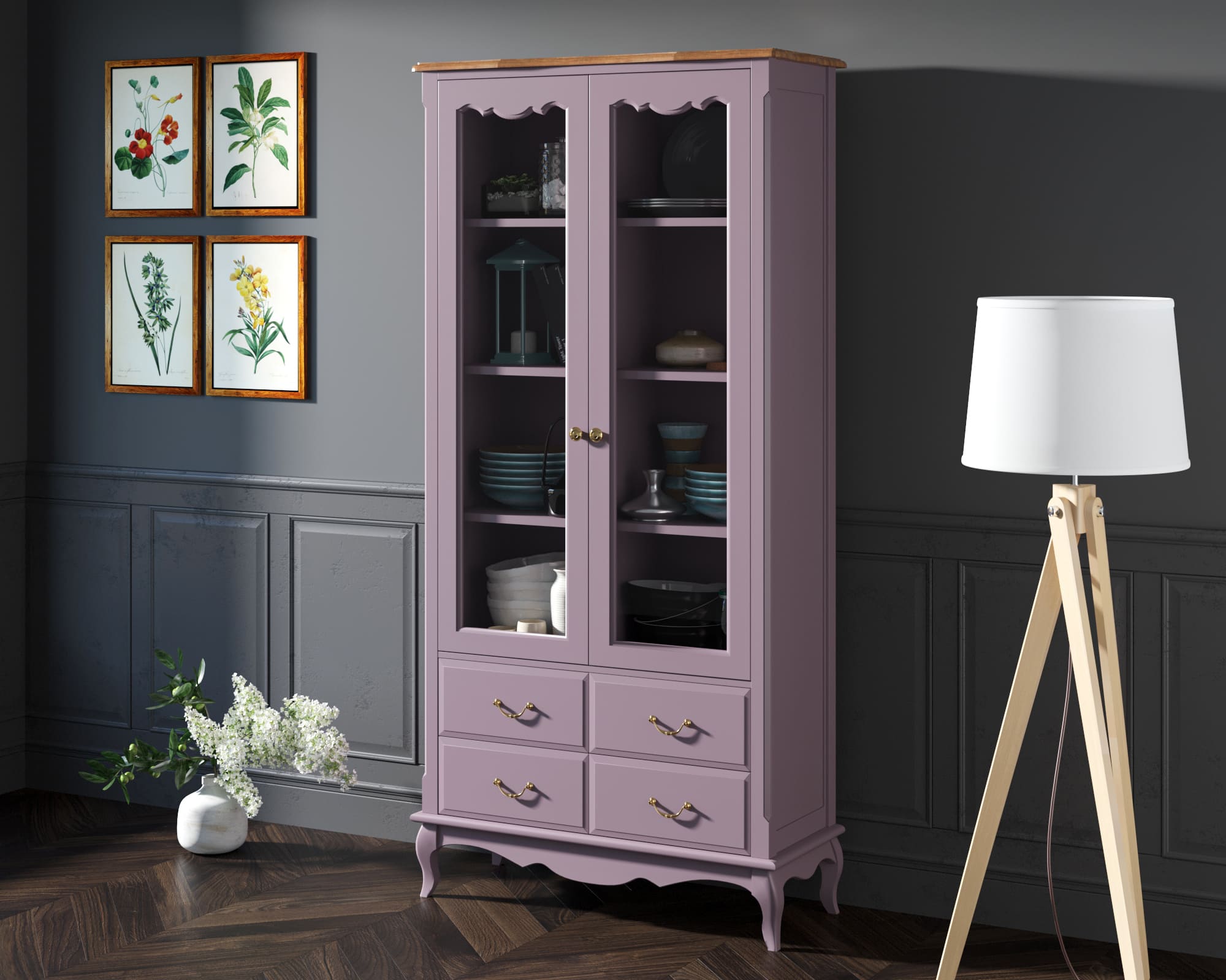 Шкаф Leontina Lavanda для посуды высокий 4 ящика арт ST9355/4L