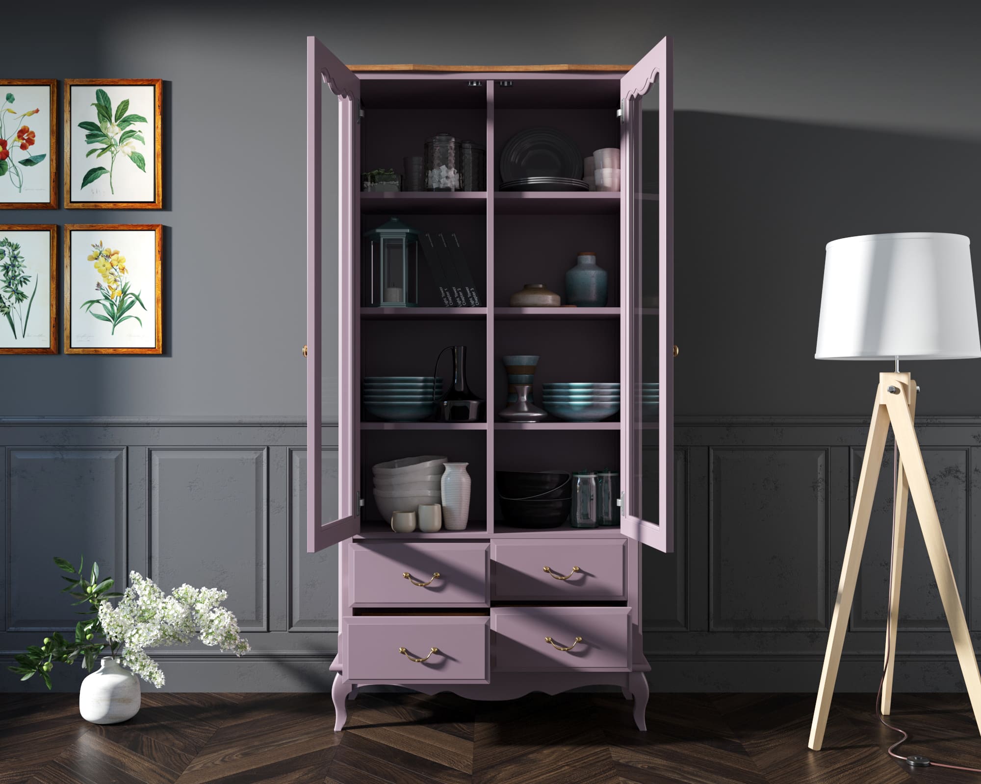 Шкаф Leontina Lavanda для посуды высокий 4 ящика арт ST9355/4L