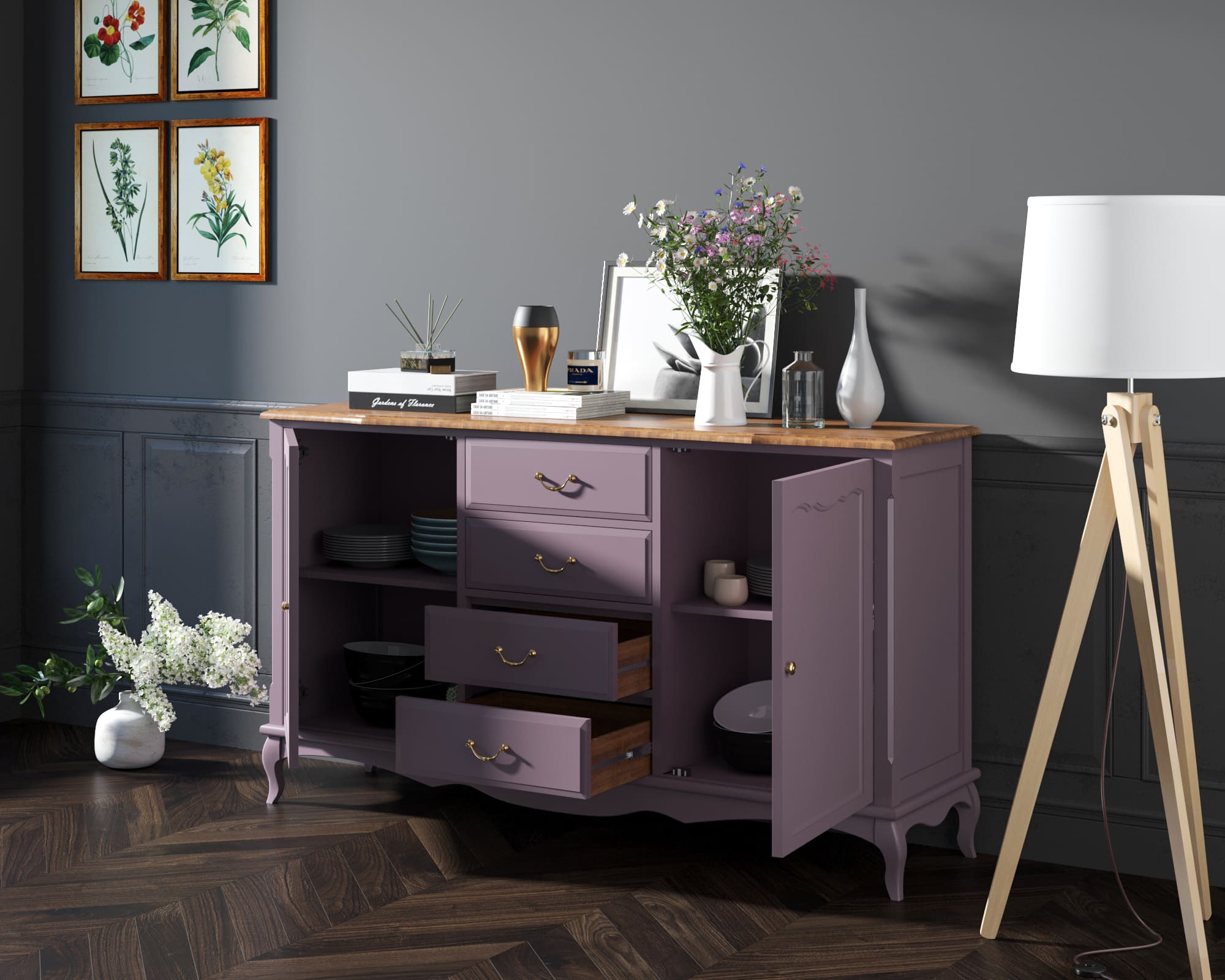 Комод из дерева "Leontina lavanda" с дверками и ящиками