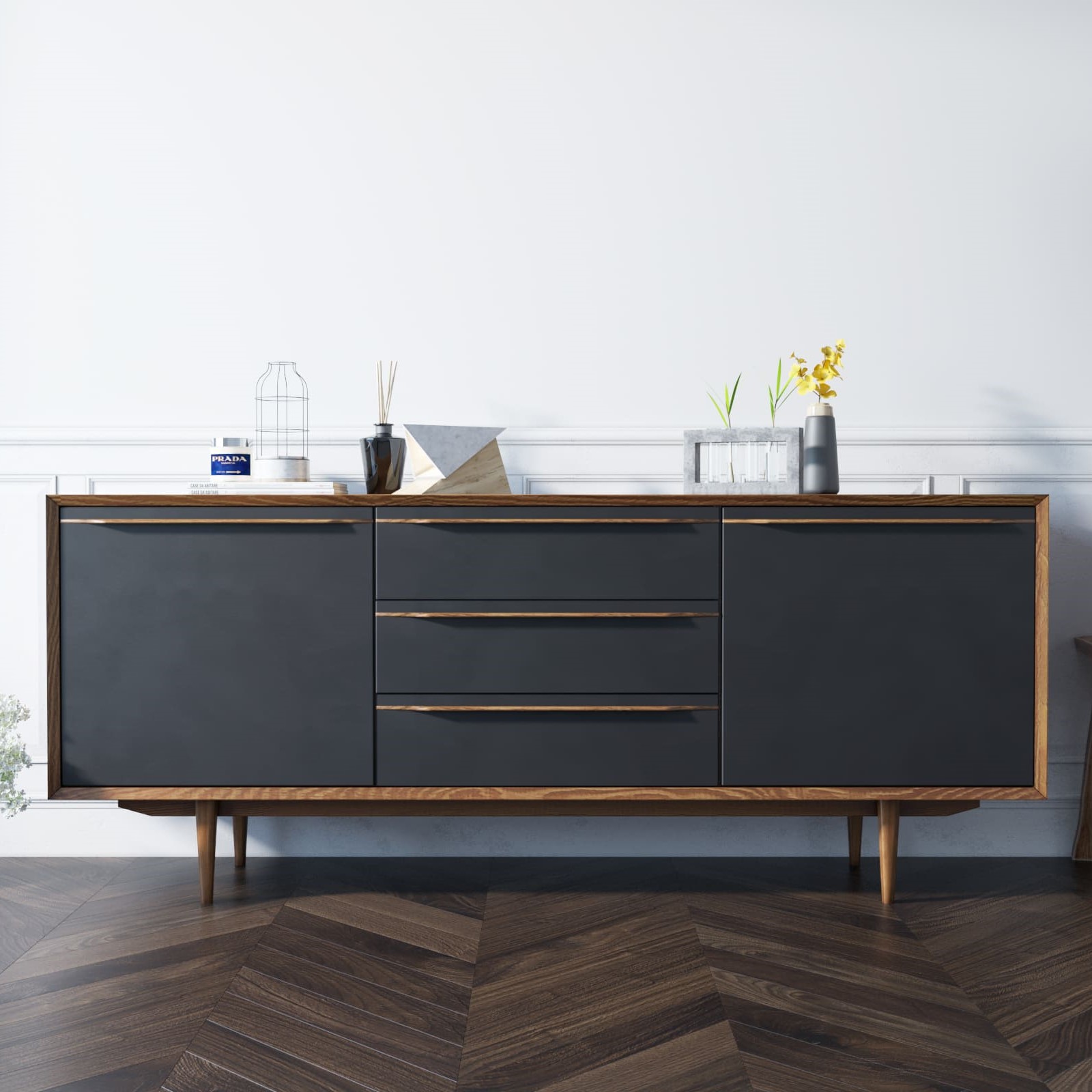 Комод с дверками "Bruni Black" с тремя ящиками и дверками